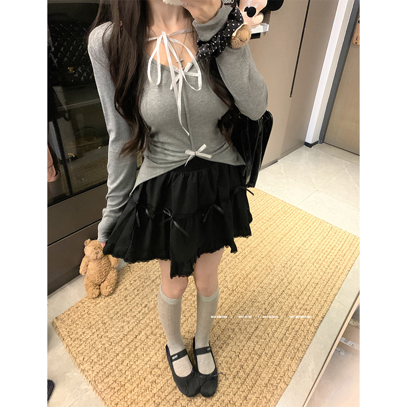 Real shot ~ Large size women's bow ribbon slit hem top + high waist bow puffy skirt two-piece set