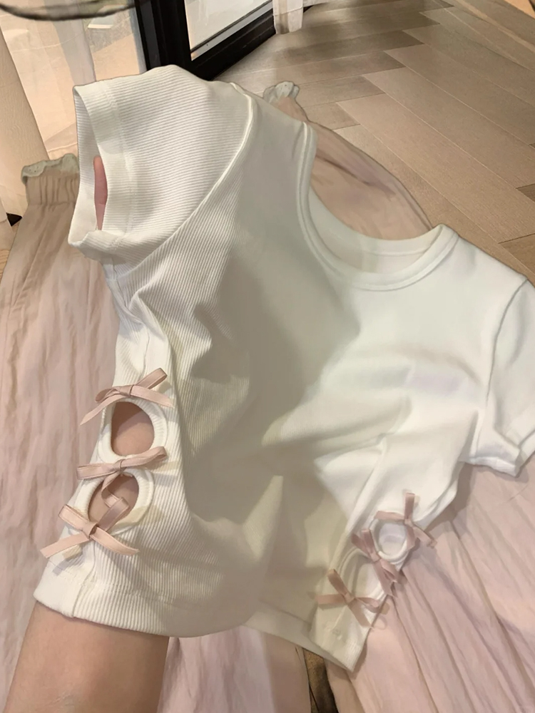 純棉側邊鏤空短款上衣女夏季設計感小眾蝴蝶結正肩短袖t恤