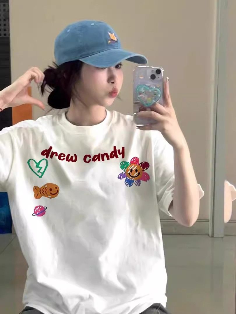 高品質純棉220克精梳緊密100%棉直播同品寬鬆短袖t恤女