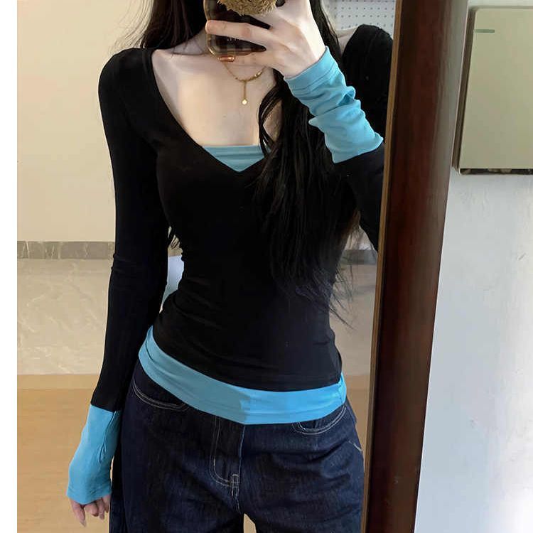 螺紋德絨1x1美式辣妹撞色假兩件長袖t恤女