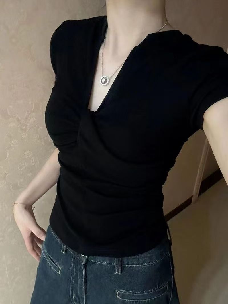 40支棉韓版辣妹百搭修身顯瘦褶皺內搭短袖上衣