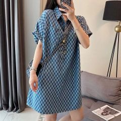 2-300 catties fat mm denim blue dress for women in summer new extra large size medium length loose short-sleeved T-shirt skirt