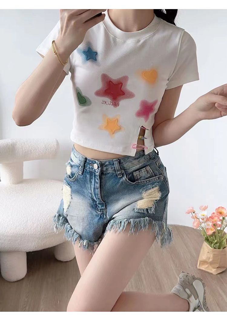 Pure cotton 32-pin slit design short slim fit T-shirt