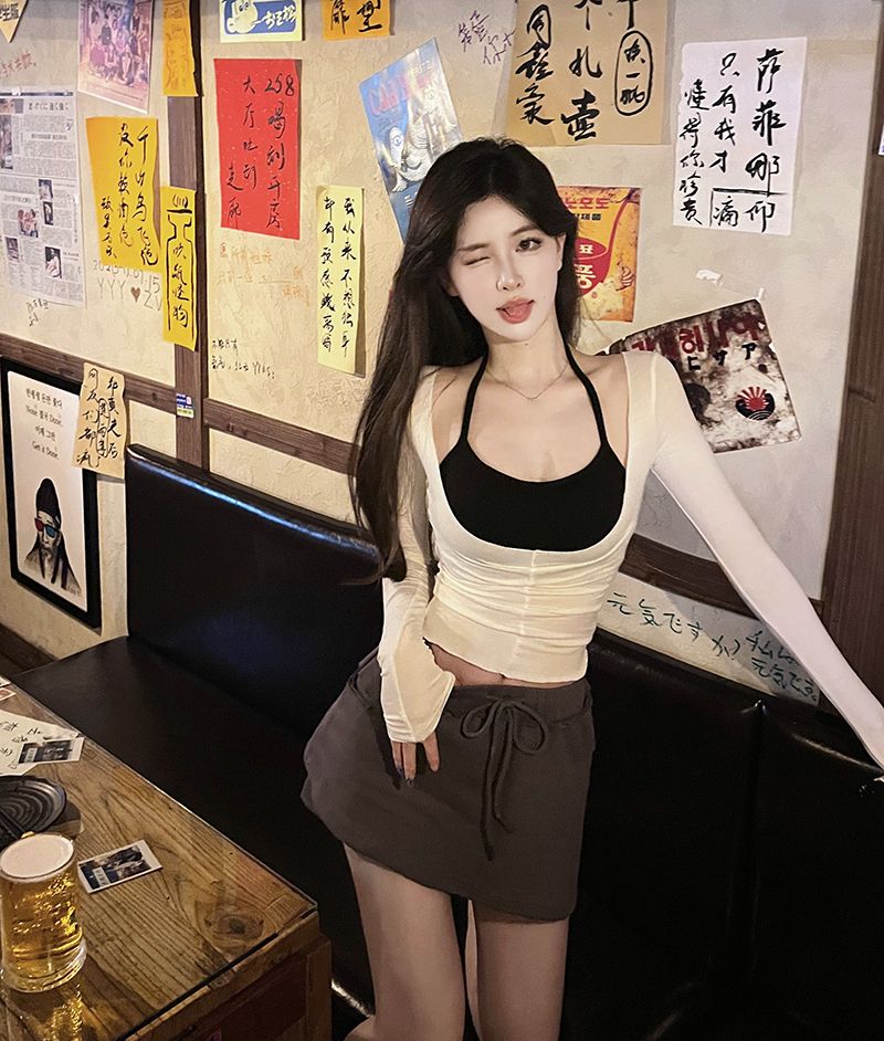 時尚套裝長袖收腰修身T恤短款上衣女秋季辣妹掛脖吊帶背心三件套