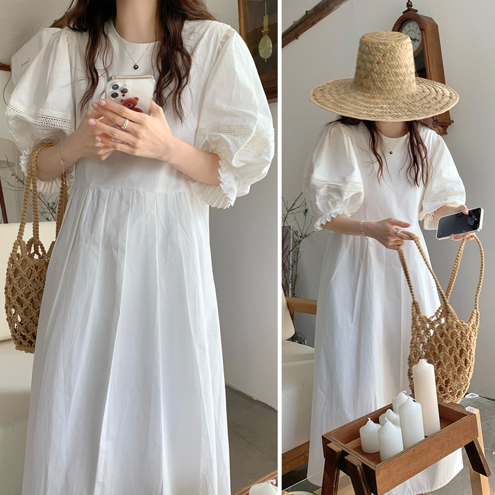 白色泡泡袖連衣裙女夏季新款高級感韓系溫柔風氣質極簡長裙子