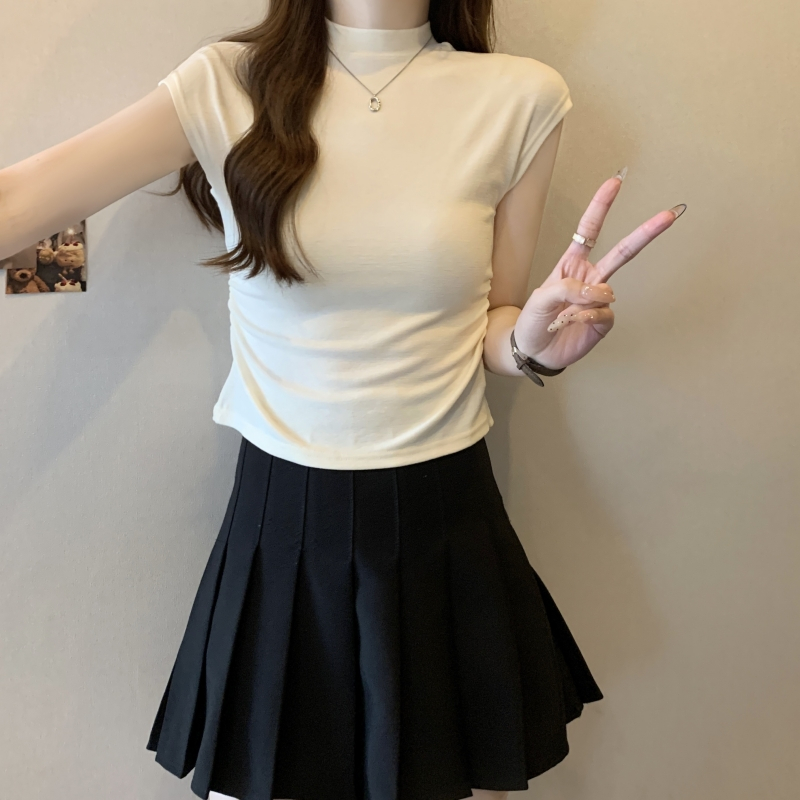 辣妹奶油韓味搭配city戀戀白開高領短袖T恤女