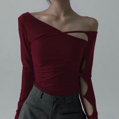 露肩斜領長袖T恤小眾設計感修身百搭短款上衣