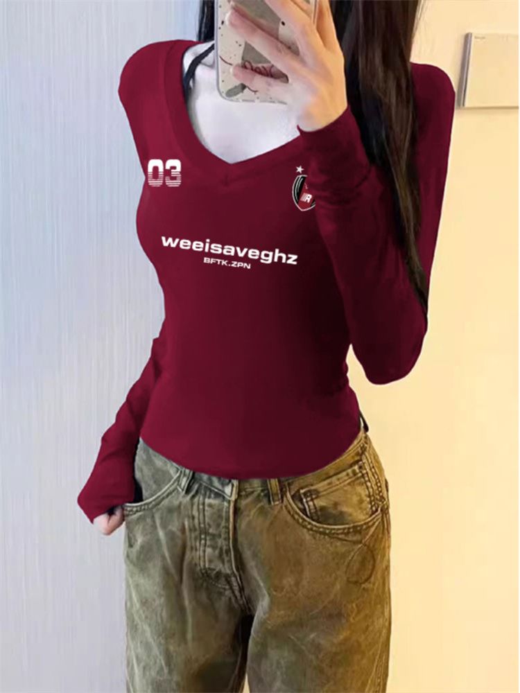 1*1 230克德絨辣妹性感純欲V領長袖t恤女秋酒紅色超顯身材上衣
