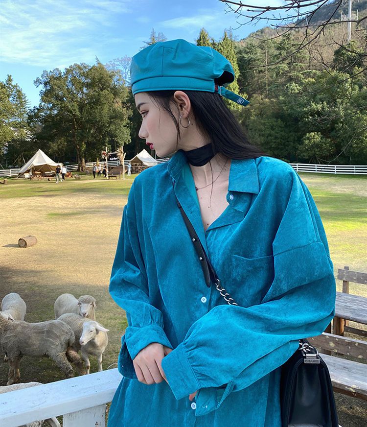 燈芯絨襯衫女長袖襯衣春秋季女裝上衣開衫設計感小眾小個子薄款