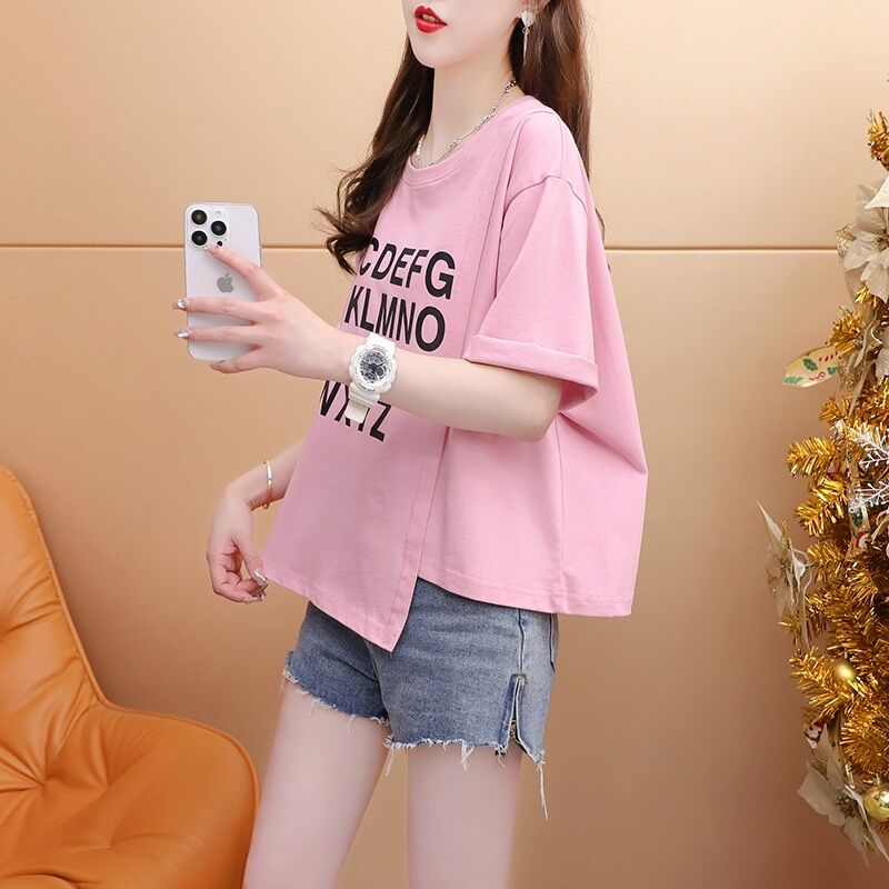 Quality/Loop-locking cotton/Rear collar/Loose short irregular short-sleeved T-shirt for women