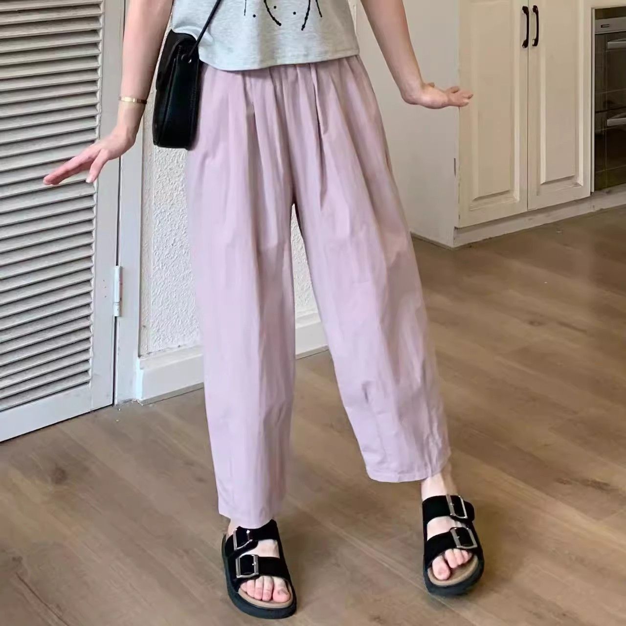 Pink wide-leg paper pants for women 2025 spring and autumn high waist thin large size meat-covering casual carrot pants balloon pants