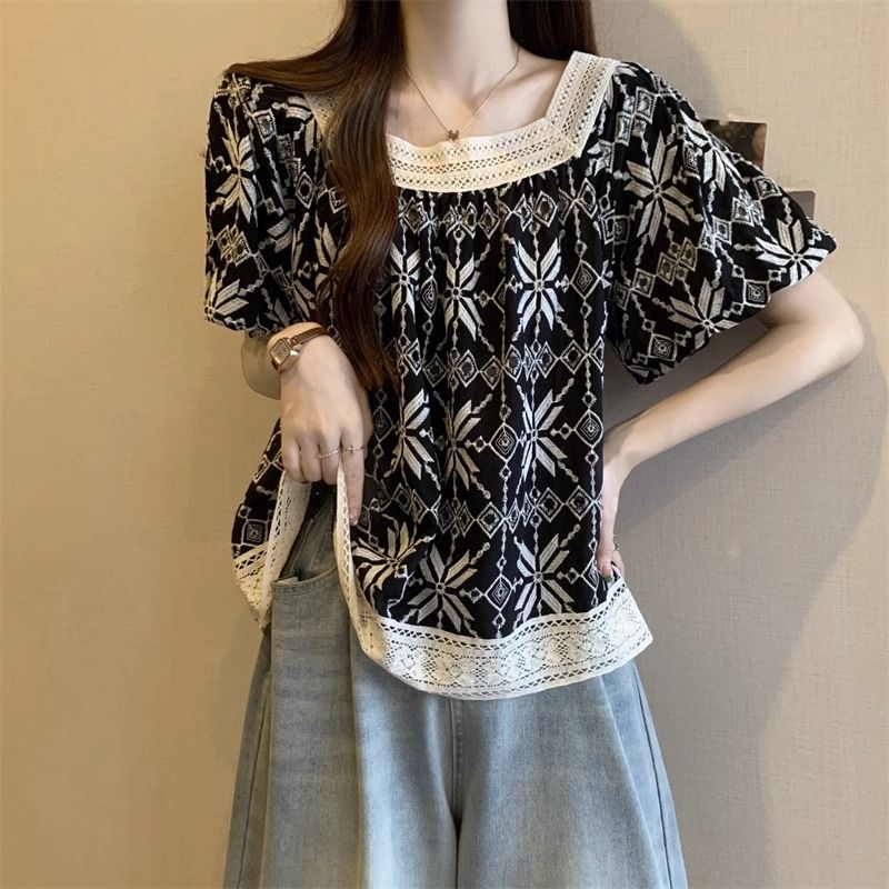 Large size women's square collar spliced ​​short-sleeved shirt for women in summer fat MM loose slim versatile top