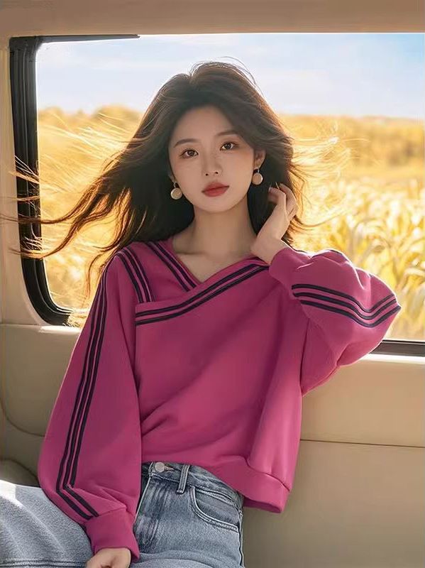 Official image imitation cotton flower cotton composite milk silk rose red V-neck design long-sleeved sweatshirt for women