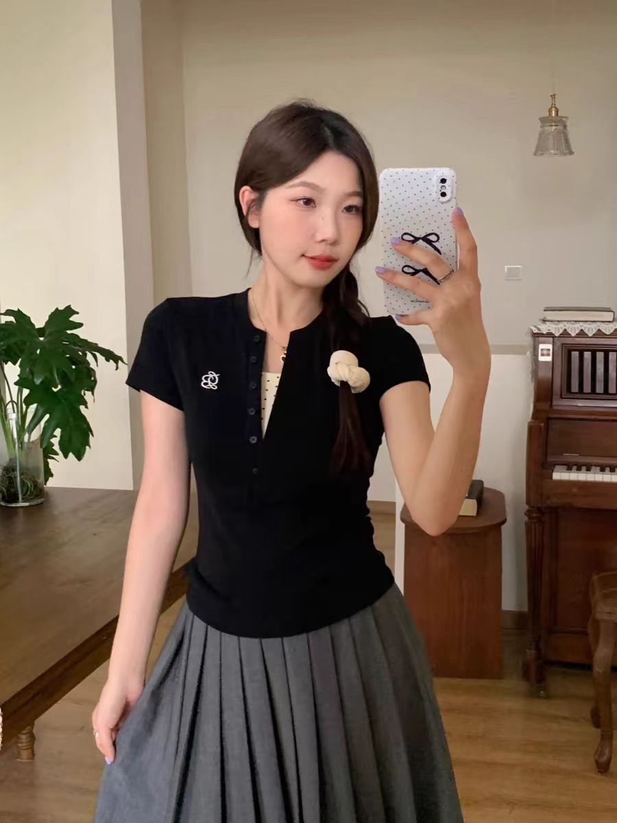 Ribbed fake 2-piece American-style letter button hot girls short-sleeved T-shirt