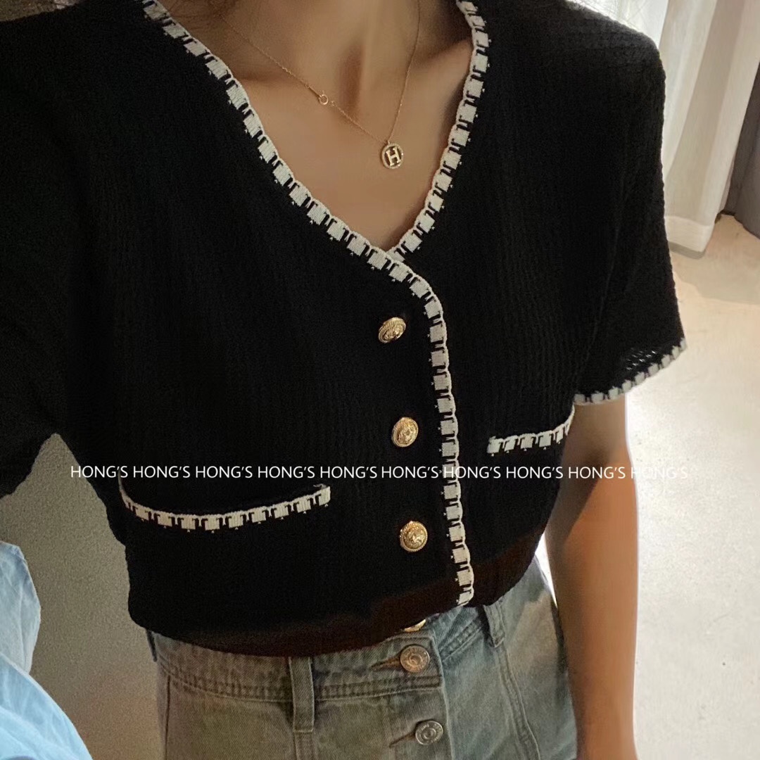 Hong『s夏季新款小香風短袖女名媛氣質短款編織上衣薄款開衫