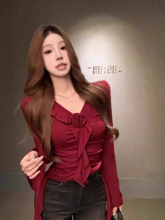 法式辣妹荷葉邊v領長袖打底衫女秋小眾壓褶收腰修身百搭上衣