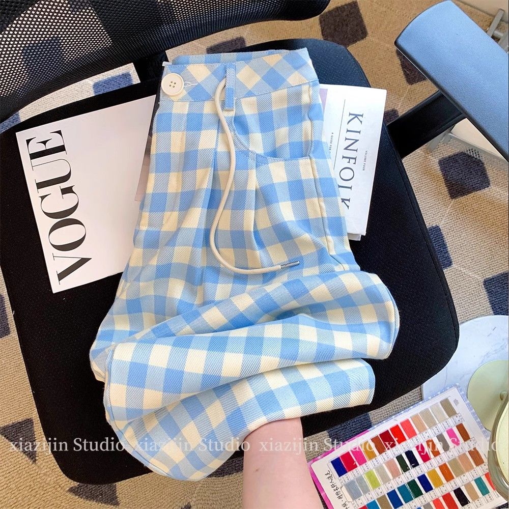Insole blue plaid wide-leg pants for women 2025 new summer loose slim casual pants
