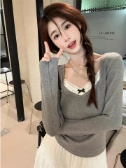 加絨蕾絲拼接T恤女秋冬新款小心機加厚磨毛內搭長袖打底衫上衣ins