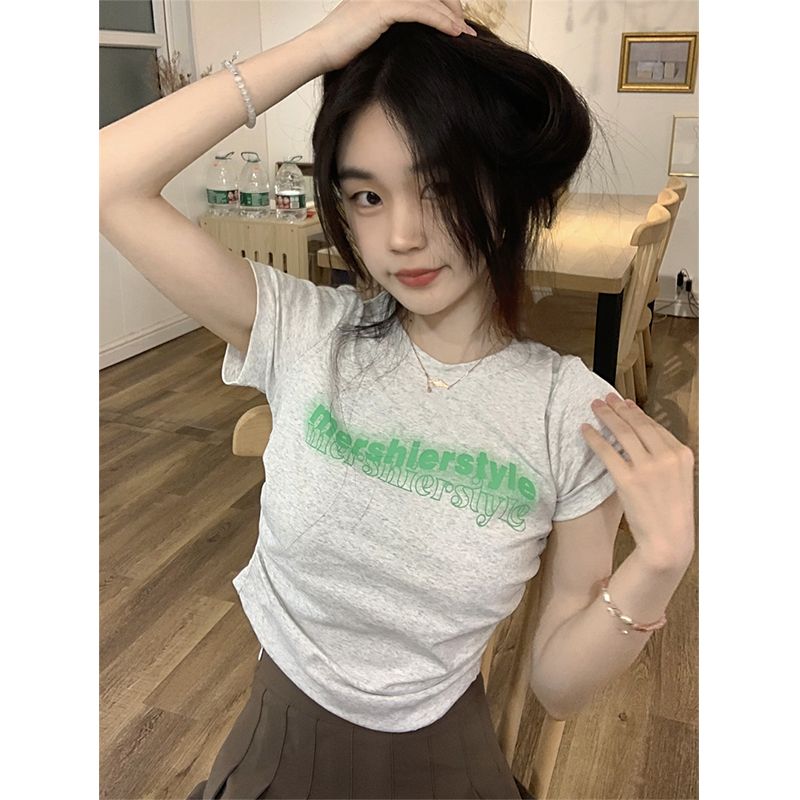 Pure cotton American hottie grey short T-shirt for women's summer new letters