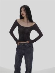 1*1 260克人棉莫代爾美式辣妹印花長袖T恤復古百搭修身打底上衣