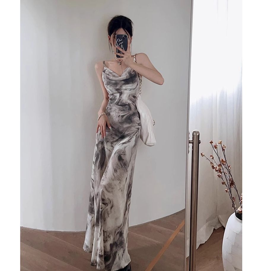新中式水墨畫吊帶連衣裙女春季法式修身露肩氣質裙子包臀魚尾長裙