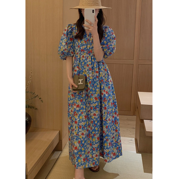 夏天V領碎花連衣裙韓版寬鬆微胖女生連衣裙網紅遮肚顯瘦a字裙