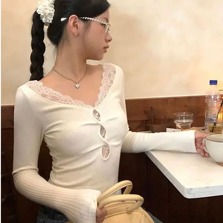 螺紋 德絨辣妹蕾絲拼接鏤空設計感長袖T恤短款打底衫女上衣