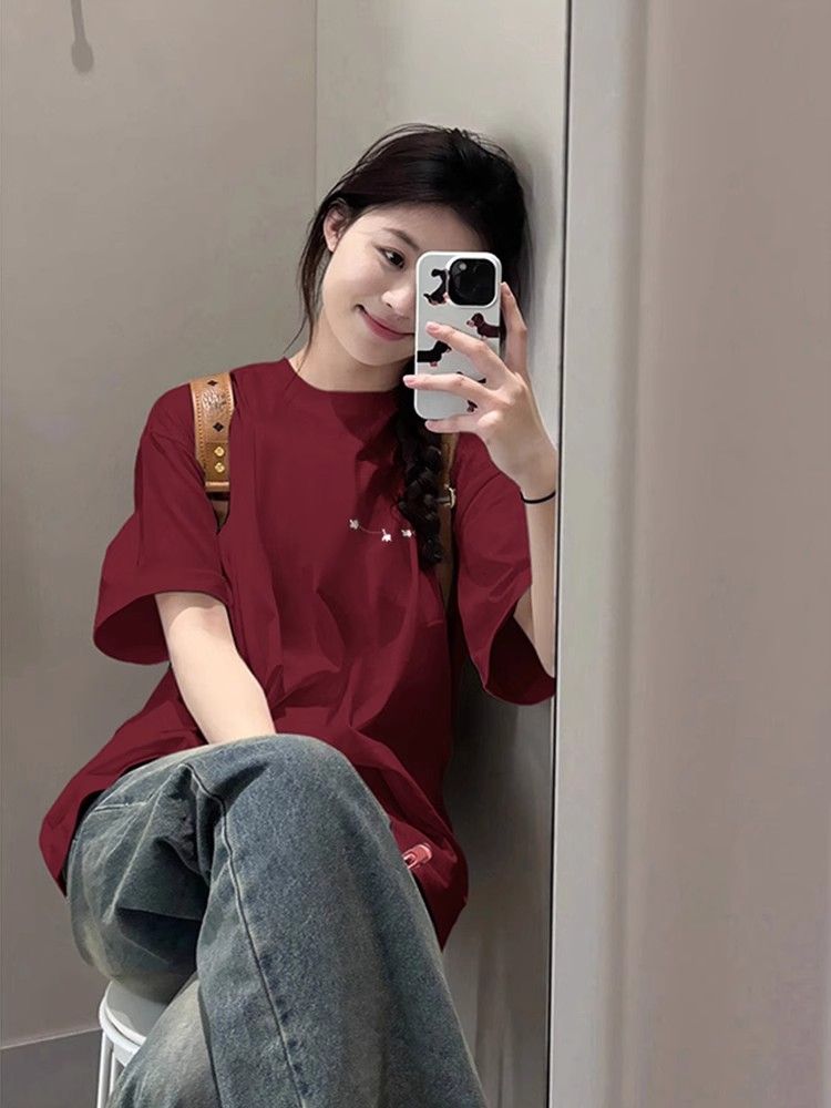 高品質純棉220克精梳緊密100%棉直播同品寬鬆短袖t恤女