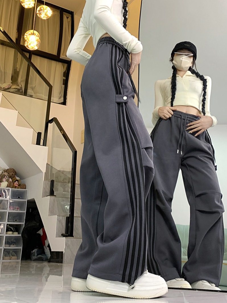 Real photos of Huamian composite spring and autumn American wide-leg work clothes trousers for women's new straight-leg casual tying trousers