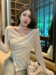 Real shot, niche cross long-sleeved T-shirt for women in spring, slim irregular and chic sunscreen top