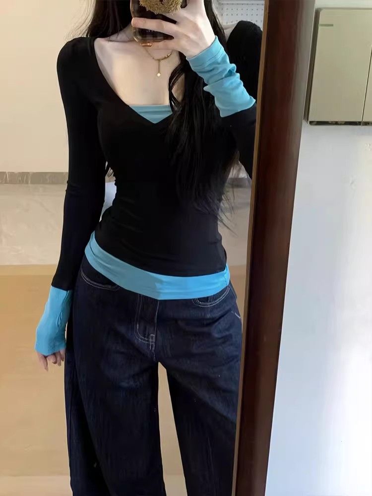 人棉假兩件長袖t恤女收腰修身拼接打底衫上衣