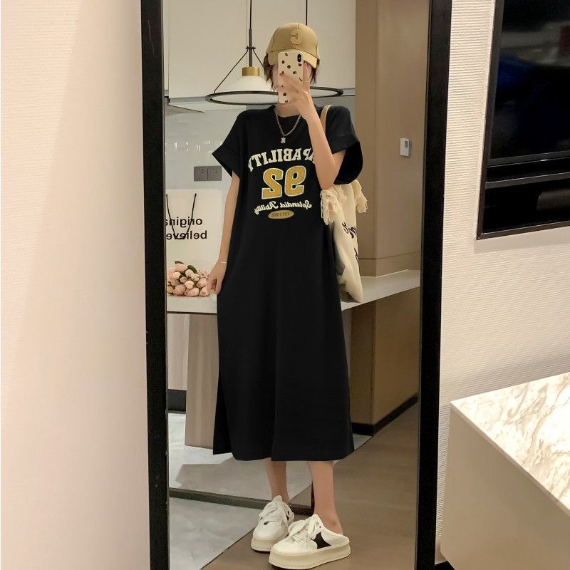 Pearl floor short-sleeved T-shirt for women's summer 2025 fun printing trendy long round neck top large size women's clothing 200 catties