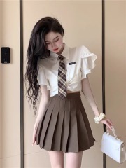 Summer jk sweet college style uniform top pleated short skirt hot girl high-end Korean drama two-piece suit women's clothing