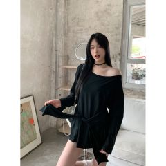 甜辣一字肩綁帶長袖T恤秋季寬鬆休閒百搭鬆弛感上衣女