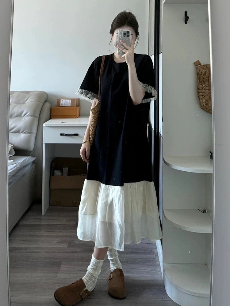 Loose, slightly fat, slimming dress, long skirt, women's summer 2025 new black long over-knee T-shirt skirt