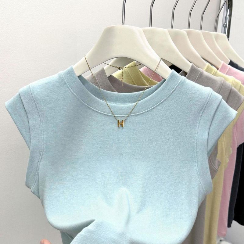 2025 new style front shoulder short-sleeved T-shirt for female hot girls retro red summer slim design small flying sleeve top trendy