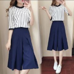 2025 New Korean Women's Fashion and Elegant Striped Two-Piece Set with Chanel Style and Glamorous Wide Leg Pants Set Trendy