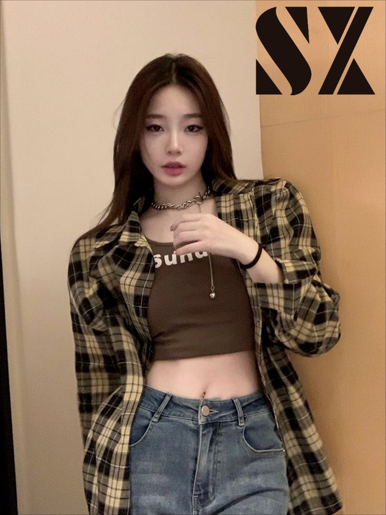 復古格子防曬襯衫Polo領紐扣外套女設計感小眾寬鬆長袖襯衣