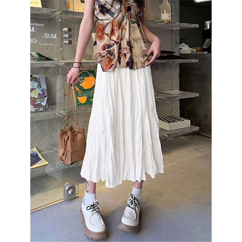 White skirt for women in summer 2025 new style gentle style mid-length skirt design pleated high waist A-line skirt