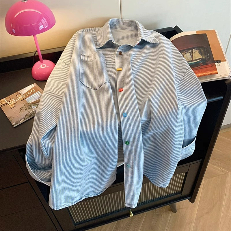 復古簡約撞色牛仔條紋oversize寬鬆百搭POLO領襯衫女春季長袖上衣