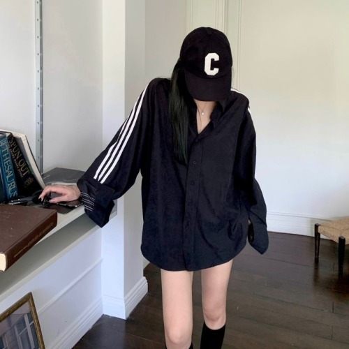 Autumn versatile sports shirt short jacket for women loose niche stripes slim design thin casual top