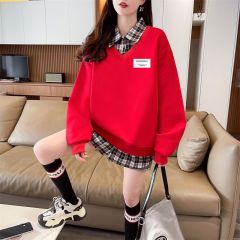 Real shot of 2025 spring and autumn back collar twill, thin top POLO collar plaid sweatshirt for women