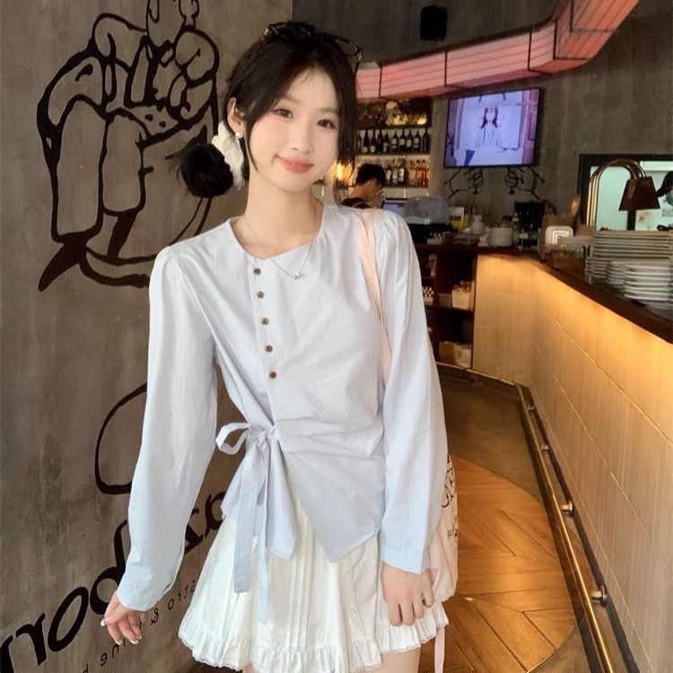 法式不規則側邊綁帶長袖襯衫女新款設計感純欲風小眾別致上衣