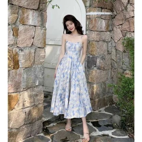 Six Six French blue oil painting long skirt beach vacation beach skirt floral suspender dress women summer high-end sense