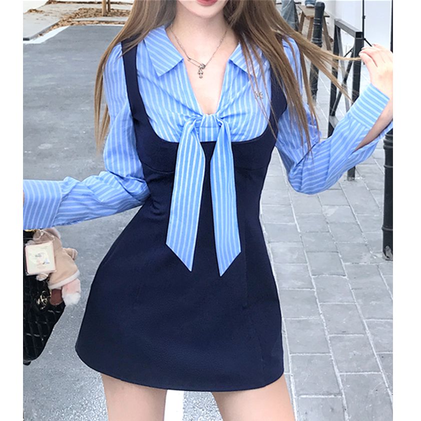 法式顯瘦收腰假兩件條紋拼接連衣裙女設計感藍色長袖氣質襯衫裙