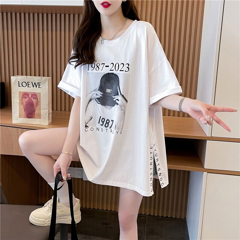 Pure cotton quality/ring-on-spoke pure cotton/rear collar/medium-length style open-pull splicing short-sleeved T-shirt for women