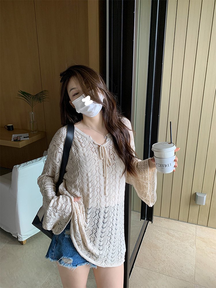 馬西西大碼春裝氛圍感鏤空長袖針織衫微胖mm寬鬆百搭防曬罩衫上衣