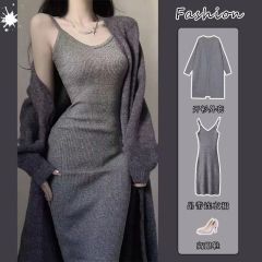 Gray V-neck pure and lustful new sweet and cool girl slim knitted suspender dress spring and summer high-end hip-pack skirt