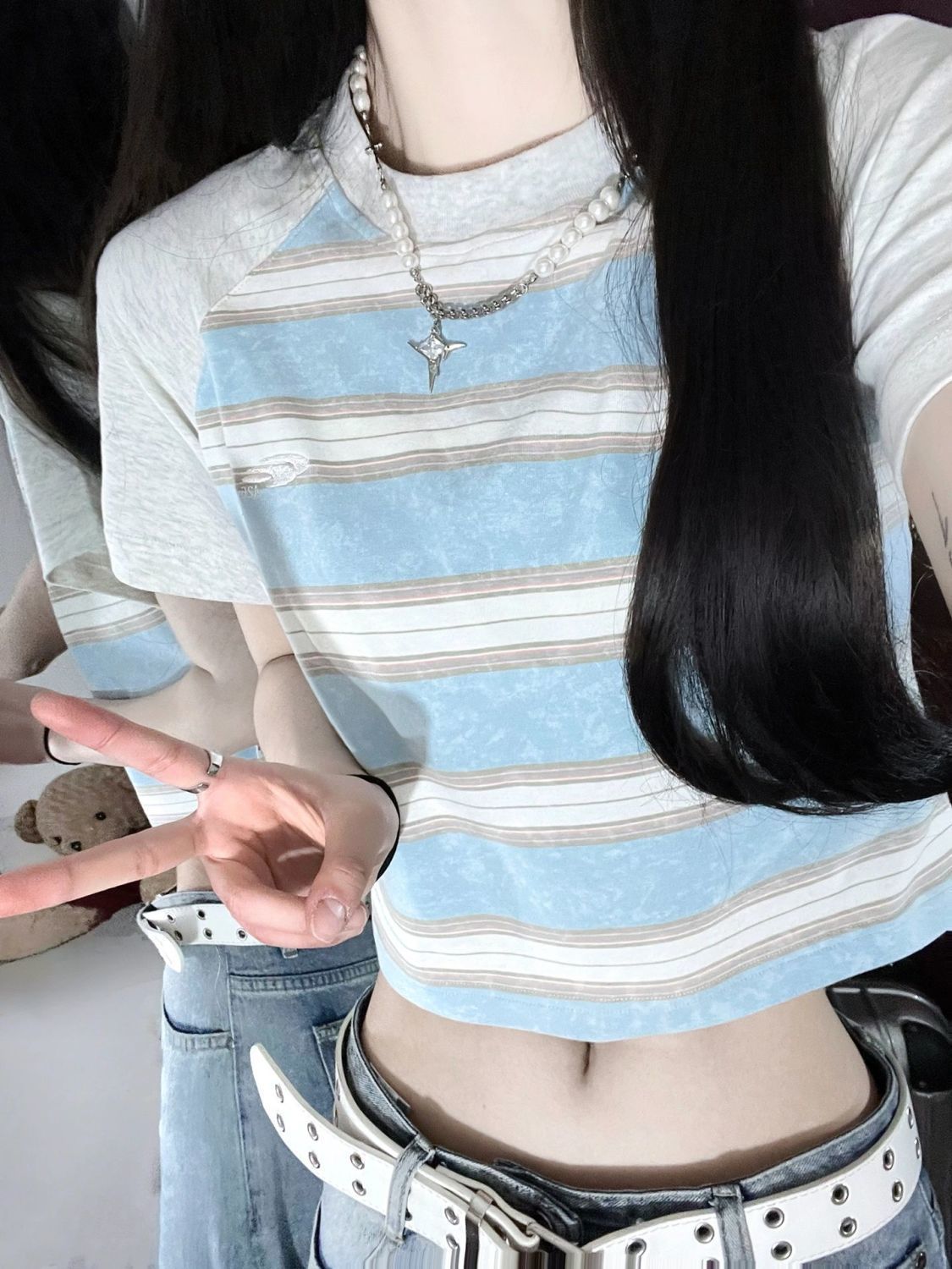 Pure cotton American striped contrasting color short sleeve rag-back girl short top