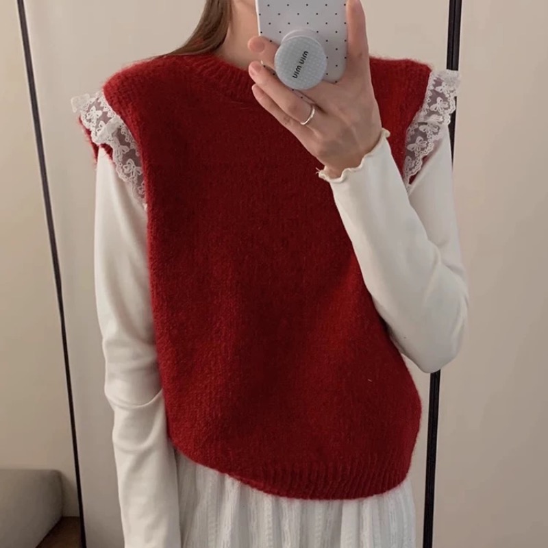 French design lace knitted vest for women in spring large size fat mm age-reducing temperament slimming vest top